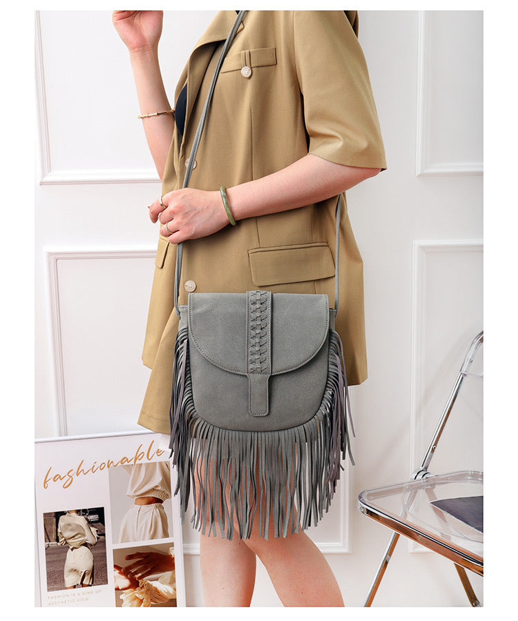 Brown Chic Bohemian Fringe Crossbody Bag - Suede-Look PU Leather with Braided Detail & Adjustable Strap - Image 8