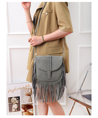 Grey Chic Bohemian Fringe Crossbody Bag - Suede-Look PU Leather with Braided Detail & Adjustable Strap - Image 8