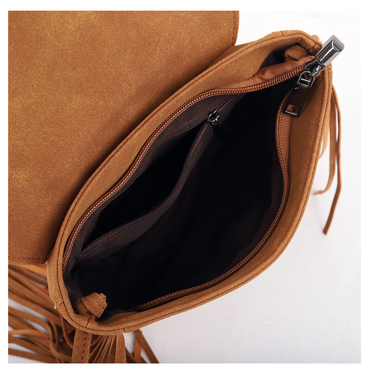 Coffee Chic Bohemian Fringe Crossbody Bag - Suede-Look PU Leather with Braided Detail & Adjustable Strap - Image 6
