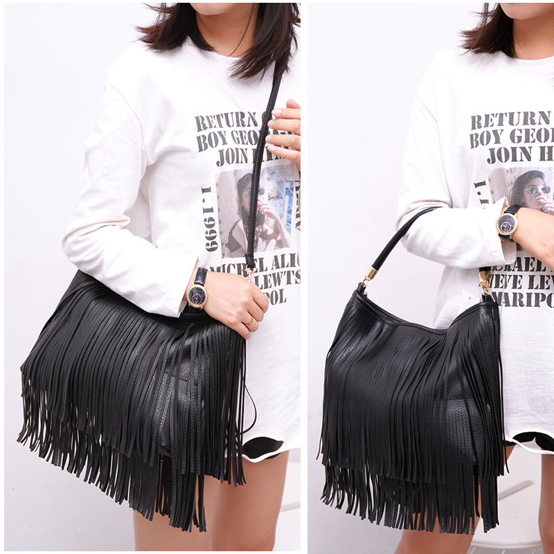 Chic Black Double Fringe Hobo Bag - Convertible Microfiber Leather Shoulder & Crossbody Purse - Image 2