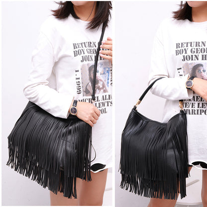 Chic Black Double Fringe Hobo Bag - Convertible Microfiber Leather Shoulder & Crossbody Purse - Image 2