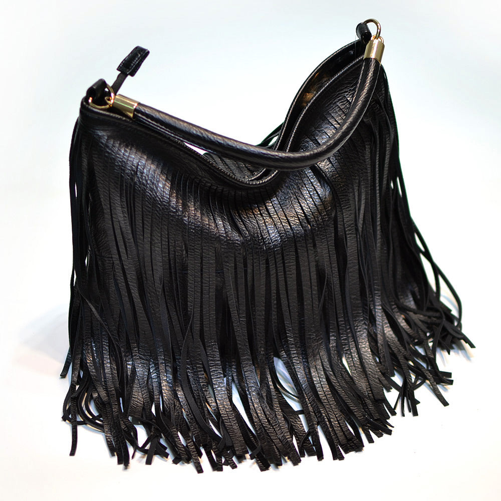 Chic Black Double Fringe Hobo Bag - Convertible Microfiber Leather Shoulder & Crossbody Purse - Image 3