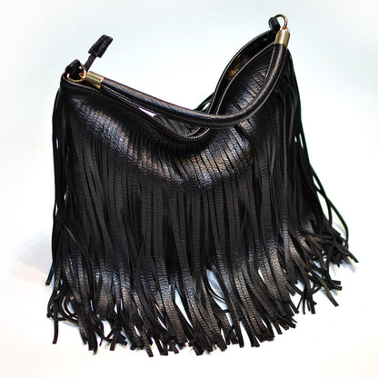 Chic Black Double Fringe Hobo Bag - Convertible Microfiber Leather Shoulder & Crossbody Purse - Image 3