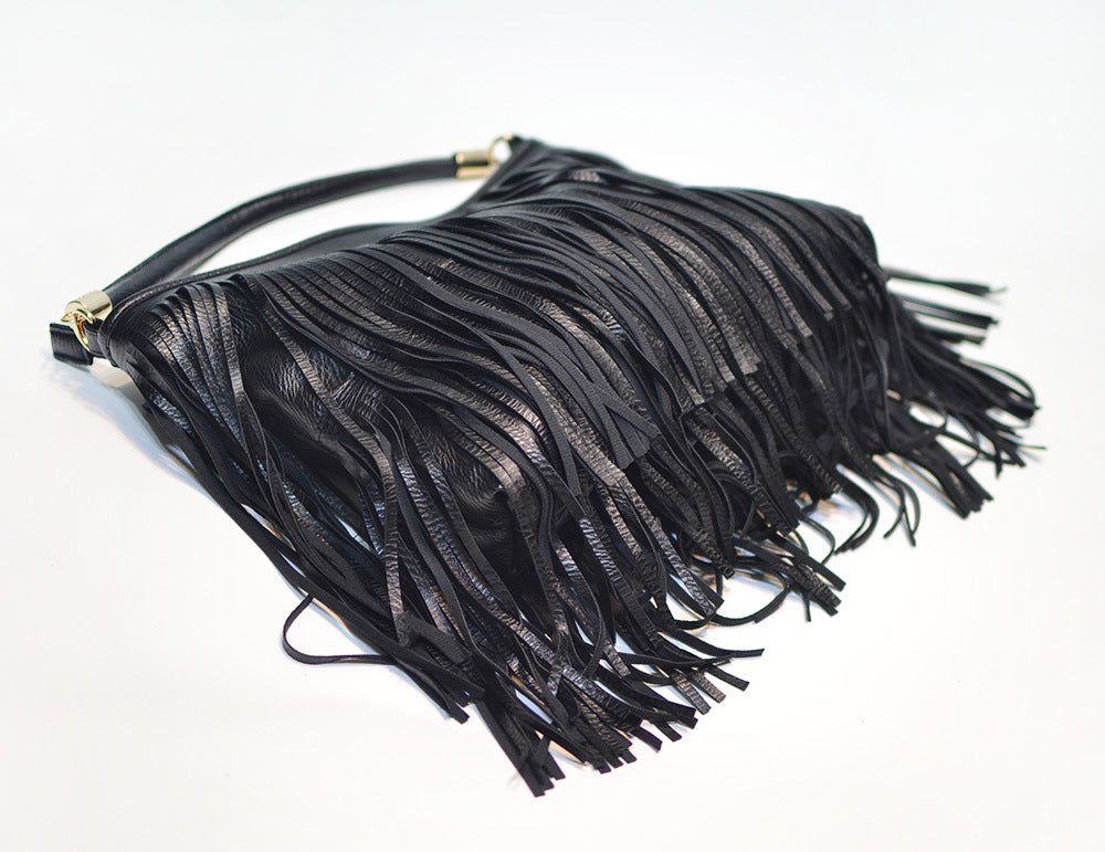 Chic Black Double Fringe Hobo Bag - Convertible Microfiber Leather Shoulder & Crossbody Purse - Image 4