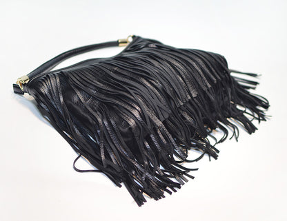 Chic Black Double Fringe Hobo Bag - Convertible Microfiber Leather Shoulder & Crossbody Purse - Image 4
