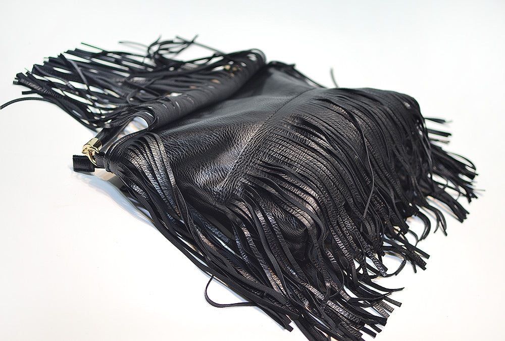 Chic Black Double Fringe Hobo Bag - Convertible Microfiber Leather Shoulder & Crossbody Purse - Image 5