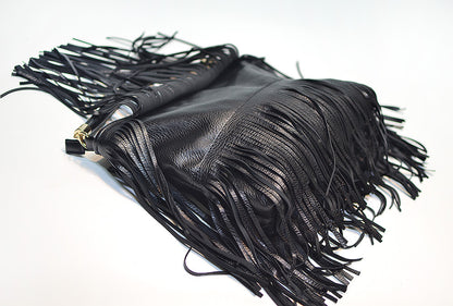 Chic Black Double Fringe Hobo Bag - Convertible Microfiber Leather Shoulder & Crossbody Purse - Image 5