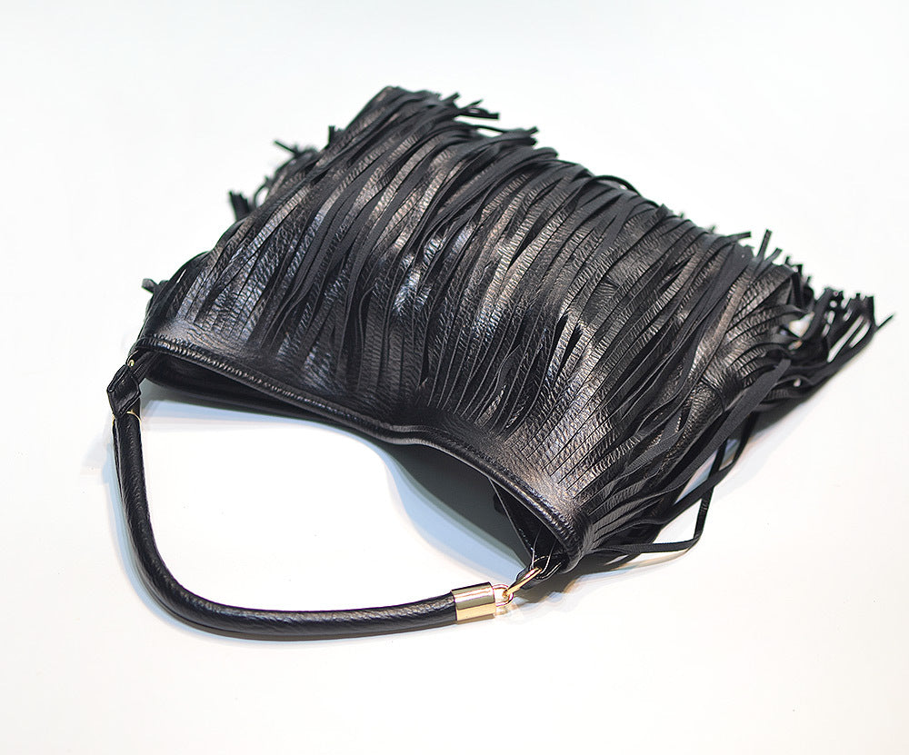 Chic Black Double Fringe Hobo Bag - Convertible Microfiber Leather Shoulder & Crossbody Purse - Image 6