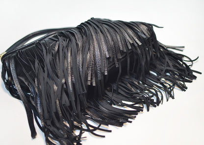 Chic Black Double Fringe Hobo Bag - Convertible Microfiber Leather Shoulder & Crossbody Purse - Image 7