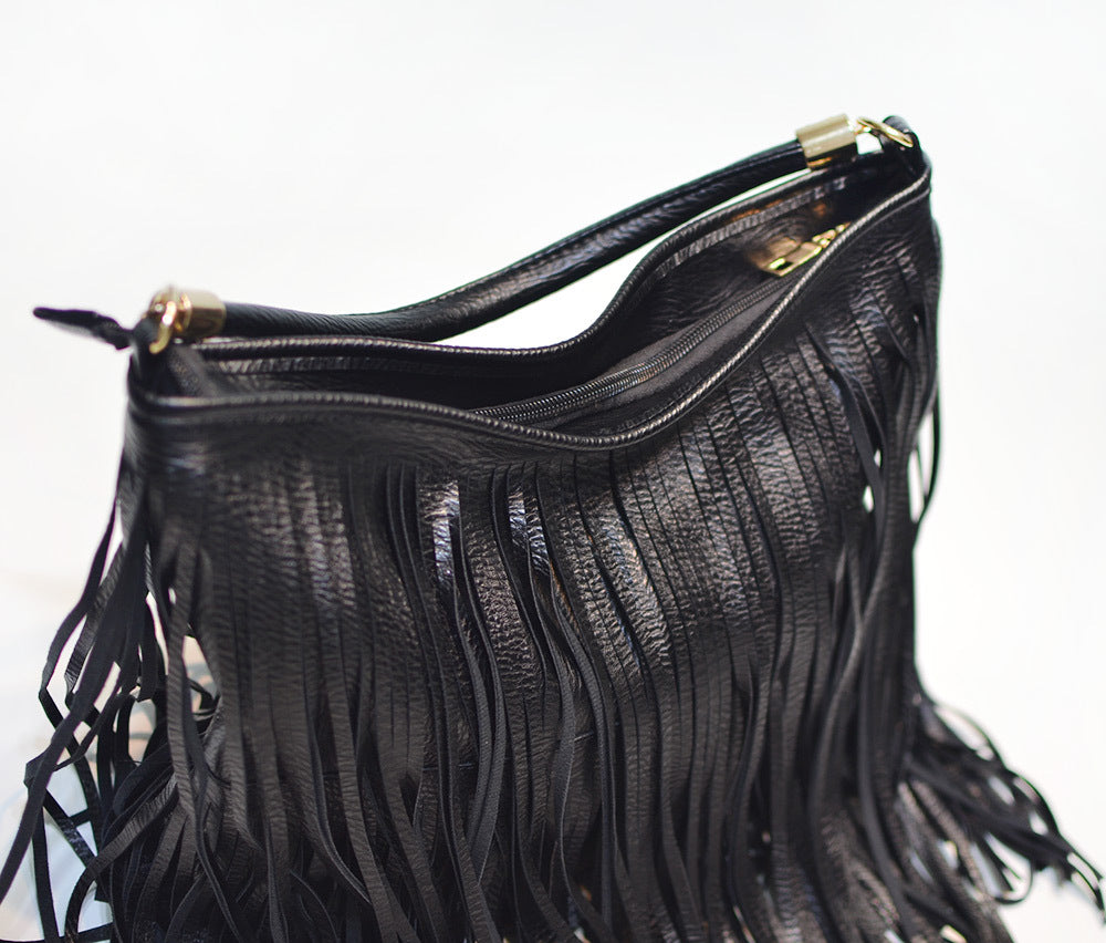 Chic Black Double Fringe Hobo Bag - Convertible Microfiber Leather Shoulder & Crossbody Purse - Image 8