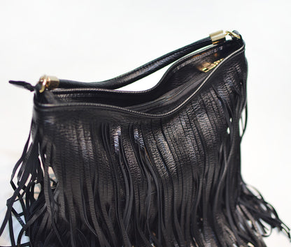 Chic Black Double Fringe Hobo Bag - Convertible Microfiber Leather Shoulder & Crossbody Purse - Image 8