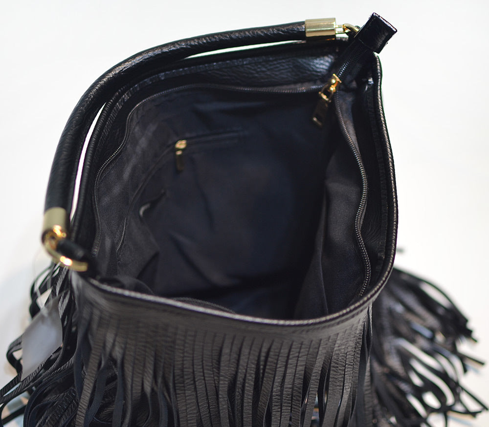 Chic Black Double Fringe Hobo Bag - Convertible Microfiber Leather Shoulder & Crossbody Purse - Image 9