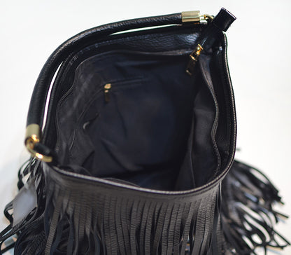 Chic Black Double Fringe Hobo Bag - Convertible Microfiber Leather Shoulder & Crossbody Purse - Image 9