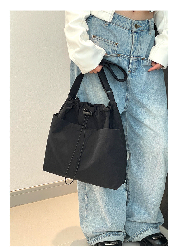Black Chic Lightweight Nylon Drawstring Tote Bag - Multi-Pocket Casual Shoulder & Crossbody - Image 7