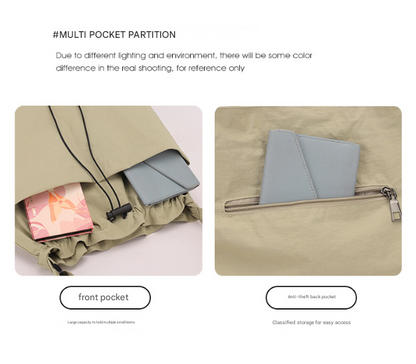 Green Chic Lightweight Nylon Drawstring Tote Bag - Multi-Pocket Casual Shoulder & Crossbody - Image 4