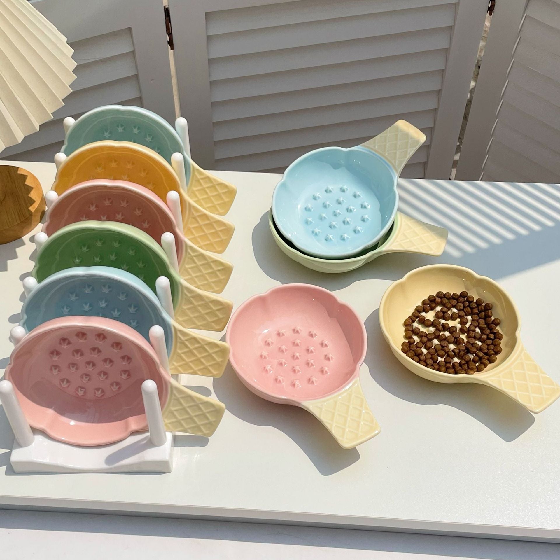 2 Pcs Pink and Yellow Adorable Ice Cream Cone Ceramic Slow Feeder Pet Bowl - Fun Anti-Gulp Design for Cats & Dogs - Image 4