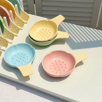2 Pcs Blue and Yellow Adorable Ice Cream Cone Ceramic Slow Feeder Pet Bowl - Fun Anti-Gulp Design for Cats & Dogs - Image 2