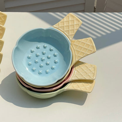 2 Pcs Blue and Yellow Adorable Ice Cream Cone Ceramic Slow Feeder Pet Bowl - Fun Anti-Gulp Design for Cats & Dogs - Image 3