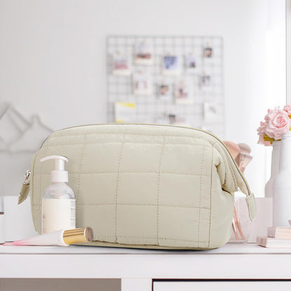 Beige Chic Quilted Puffer Makeup Bag - Large Capacity Travel Cosmetic Organizer with Wide Opening - Image 5