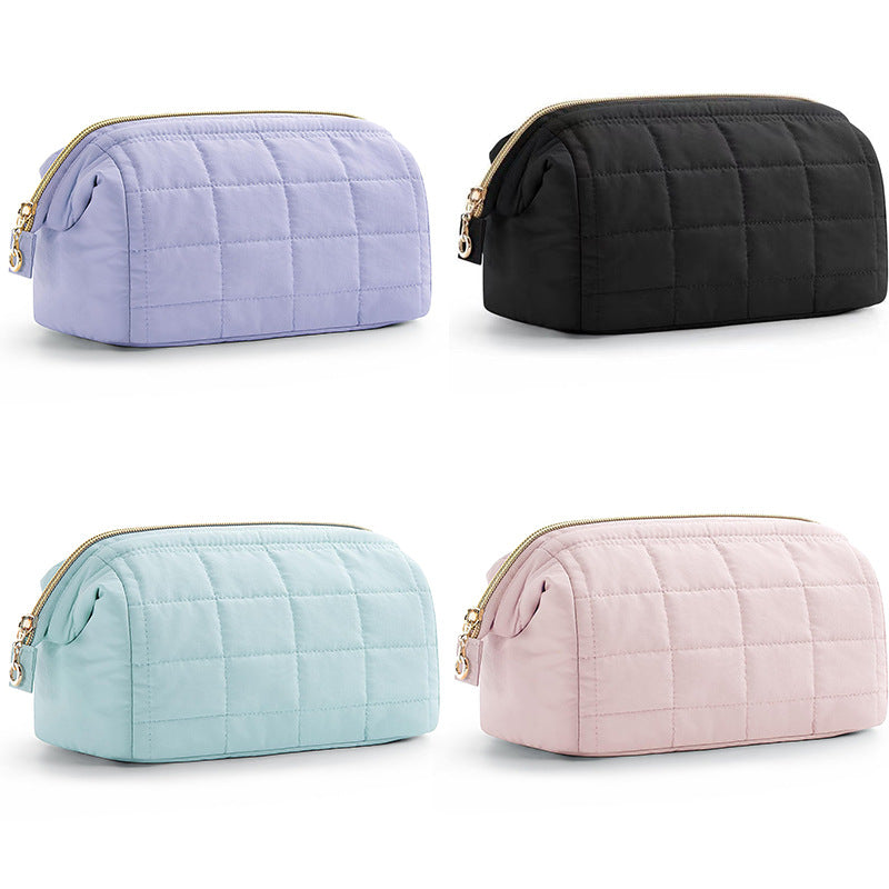 Purple Chic Quilted Puffer Makeup Bag - Large Capacity Travel Cosmetic Organizer with Wide Opening - Image 2