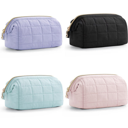 Black Chic Quilted Puffer Makeup Bag - Large Capacity Travel Cosmetic Organizer with Wide Opening - Image 2