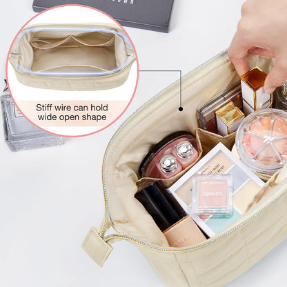 Black Chic Quilted Puffer Makeup Bag - Large Capacity Travel Cosmetic Organizer with Wide Opening - Image 4