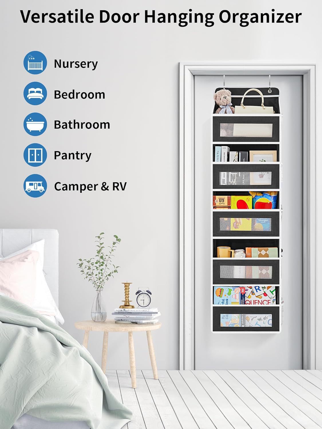 Grey Heavy Duty 5-Tier Over-The-Door Hanging Organizer - Space-Saving Storage with Clear Windows & Mesh Pockets - Image 5
