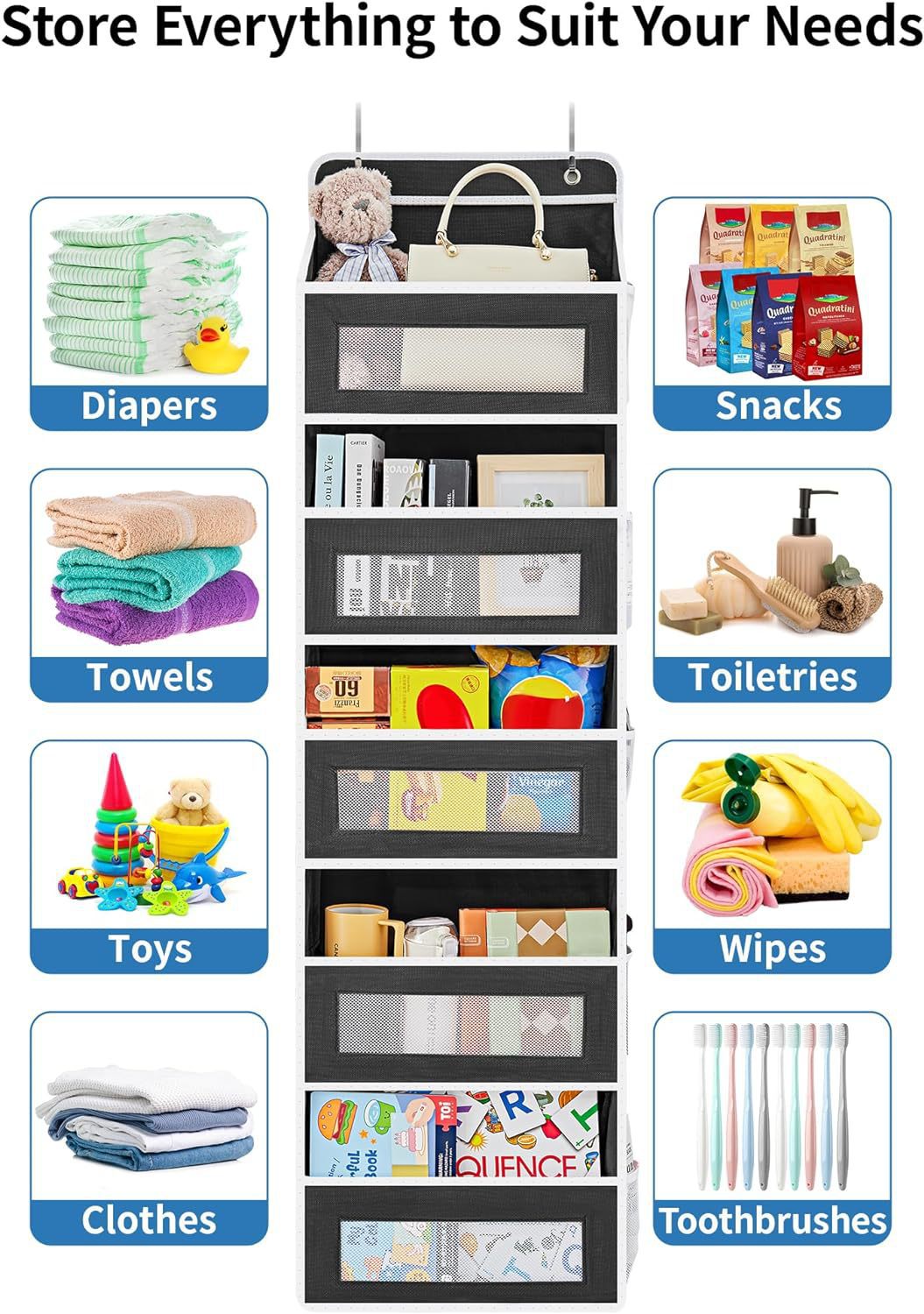 Grey Heavy Duty 5-Tier Over-The-Door Hanging Organizer - Space-Saving Storage with Clear Windows & Mesh Pockets - Image 6