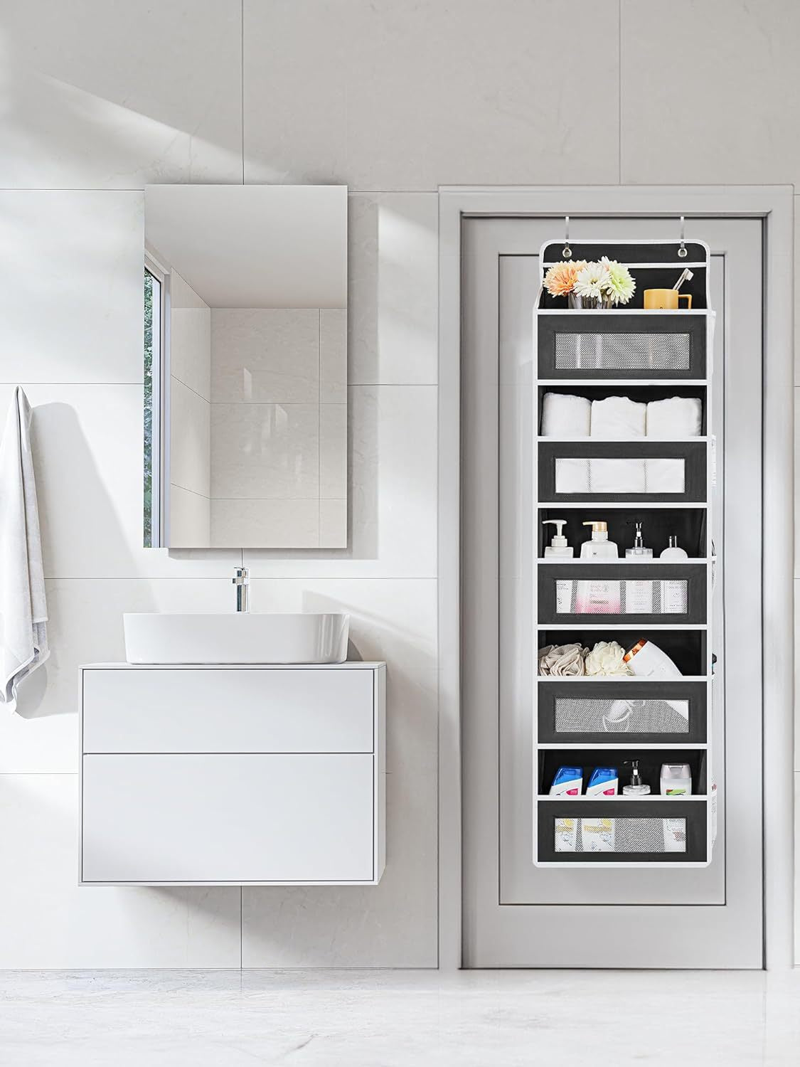 Grey Heavy Duty 5-Tier Over-The-Door Hanging Organizer - Space-Saving Storage with Clear Windows & Mesh Pockets - Image 7