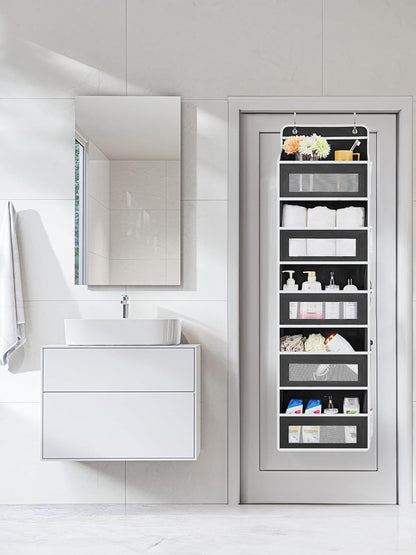 Grey Heavy Duty 5-Tier Over-The-Door Hanging Organizer - Space-Saving Storage with Clear Windows & Mesh Pockets - Image 7