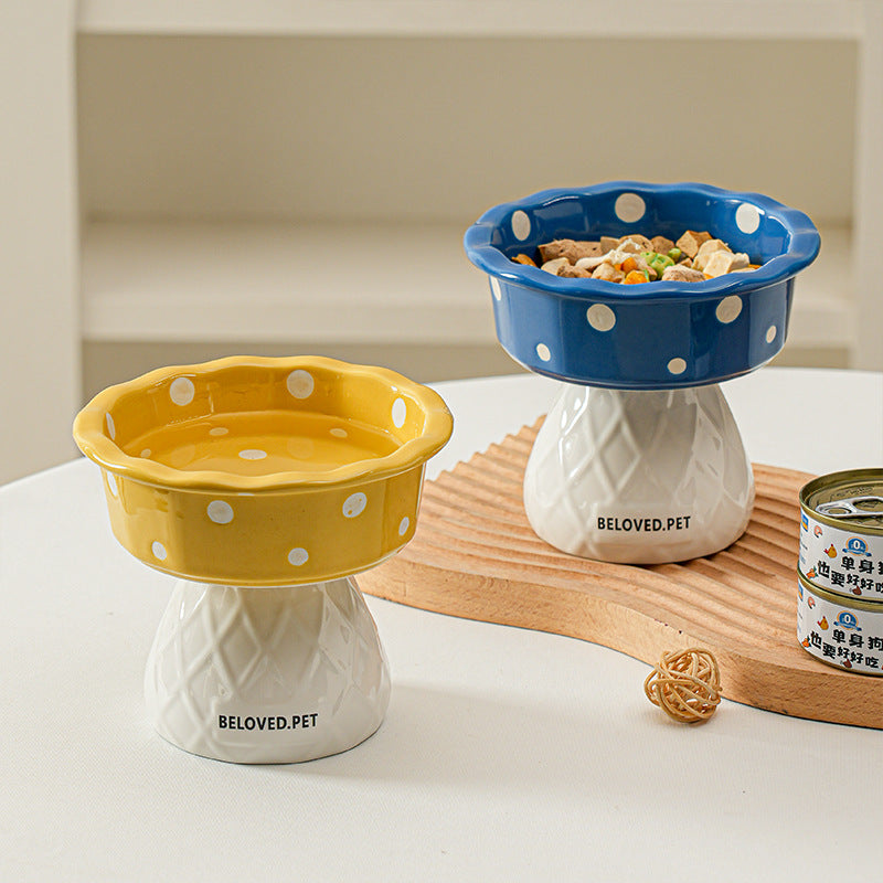 Red Adorable Mushroom Ceramic Elevated Cat Bowl - Anti-Vomiting & Spine Protecting Pet Feeder with Polka Dots - Image 3