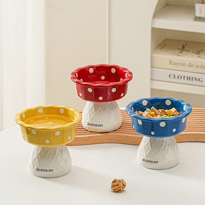 Blue Adorable Mushroom Ceramic Elevated Cat Bowl - Anti-Vomiting & Spine Protecting Pet Feeder with Polka Dots - Image 2