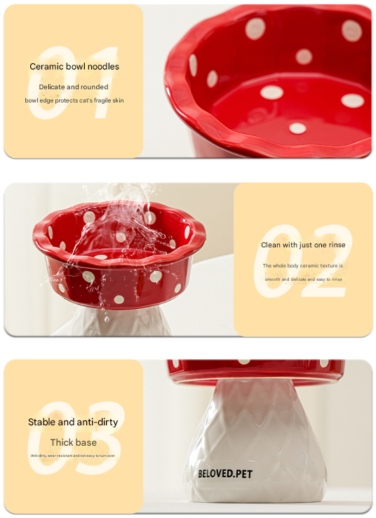 Blue Adorable Mushroom Ceramic Elevated Cat Bowl - Anti-Vomiting & Spine Protecting Pet Feeder with Polka Dots - Image 5