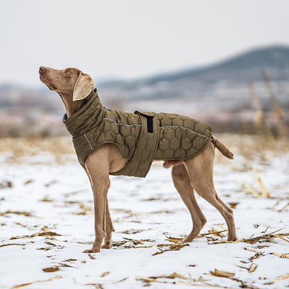Size M Olive Green Warm Quilted Dog Winter Coat - Adjustable Fleece-Lined Puffer Vest with Reflective Trim & Leash Port