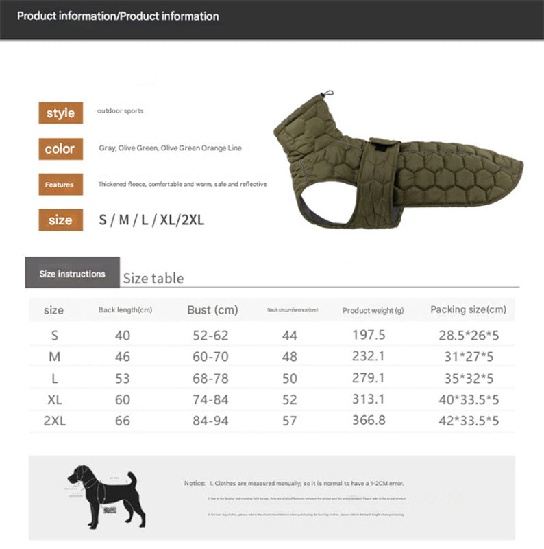 Size L Olive Green Warm Quilted Dog Winter Coat - Adjustable Fleece-Lined Puffer Vest with Reflective Trim & Leash Port - Image 4