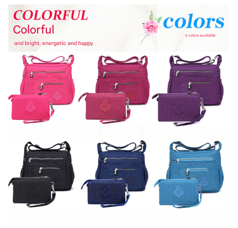 Purple Versatile Womens Nylon Water-Repellent Crossbody Shoulder Bag Set with Matching Clutch Pouch - Lightweight & Multi-Pocket - Image 2