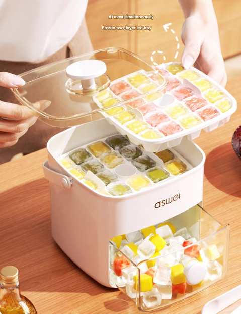 White Innovative Press-Release Ice Cube Maker - Dual Layer Trays & Storage Bin (48 Cubes) - Image 2