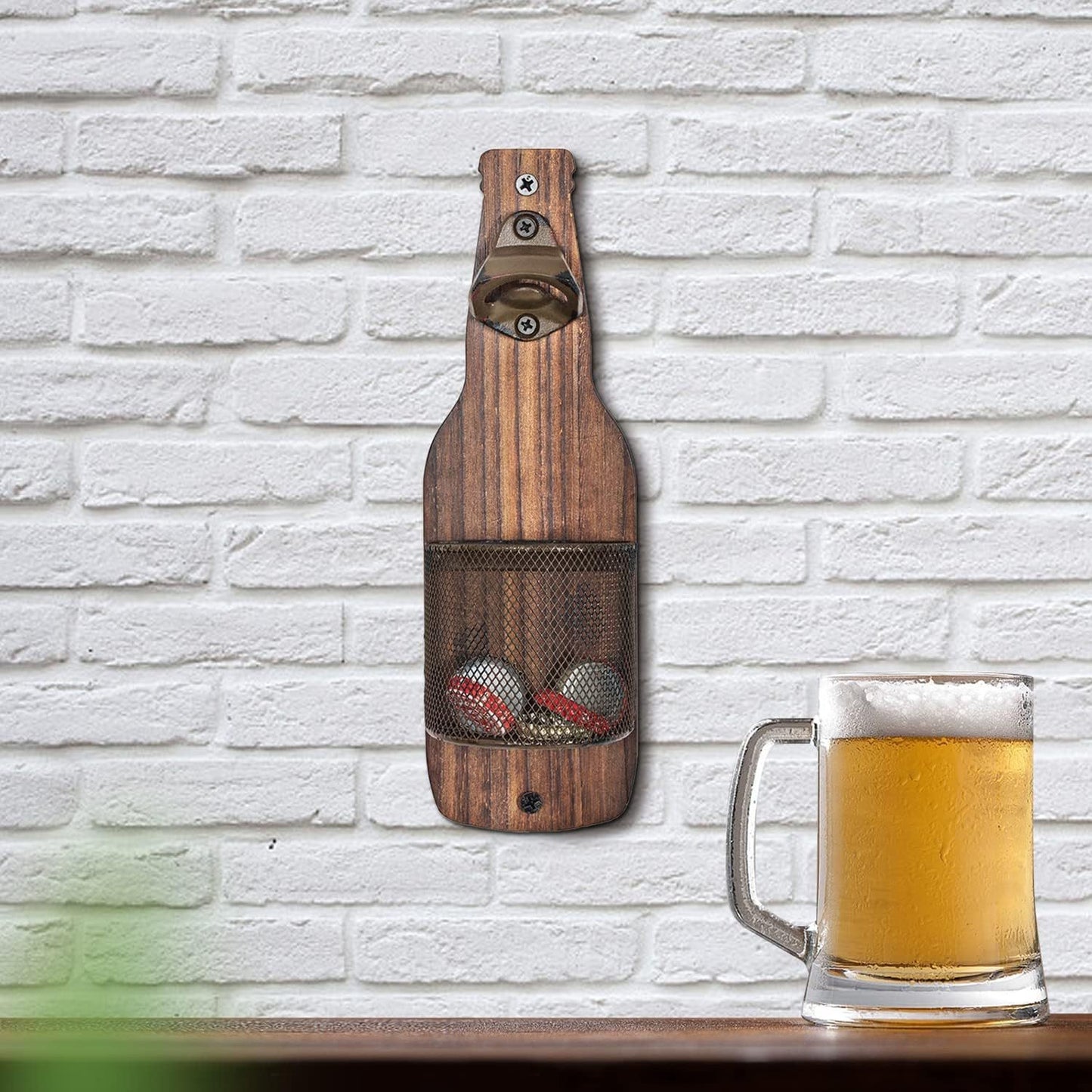 Brown Rustic Wooden Wall-Mounted Bottle Opener with Cap Catcher - Vintage Beer Opener for Bar & Kitchen - Image 4