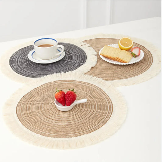 Blue Chic Round Woven Placemats with Tassel Fringe - Set of 4, Cotton Ramie Blend, Heat Resistant Table Mats - Image 3