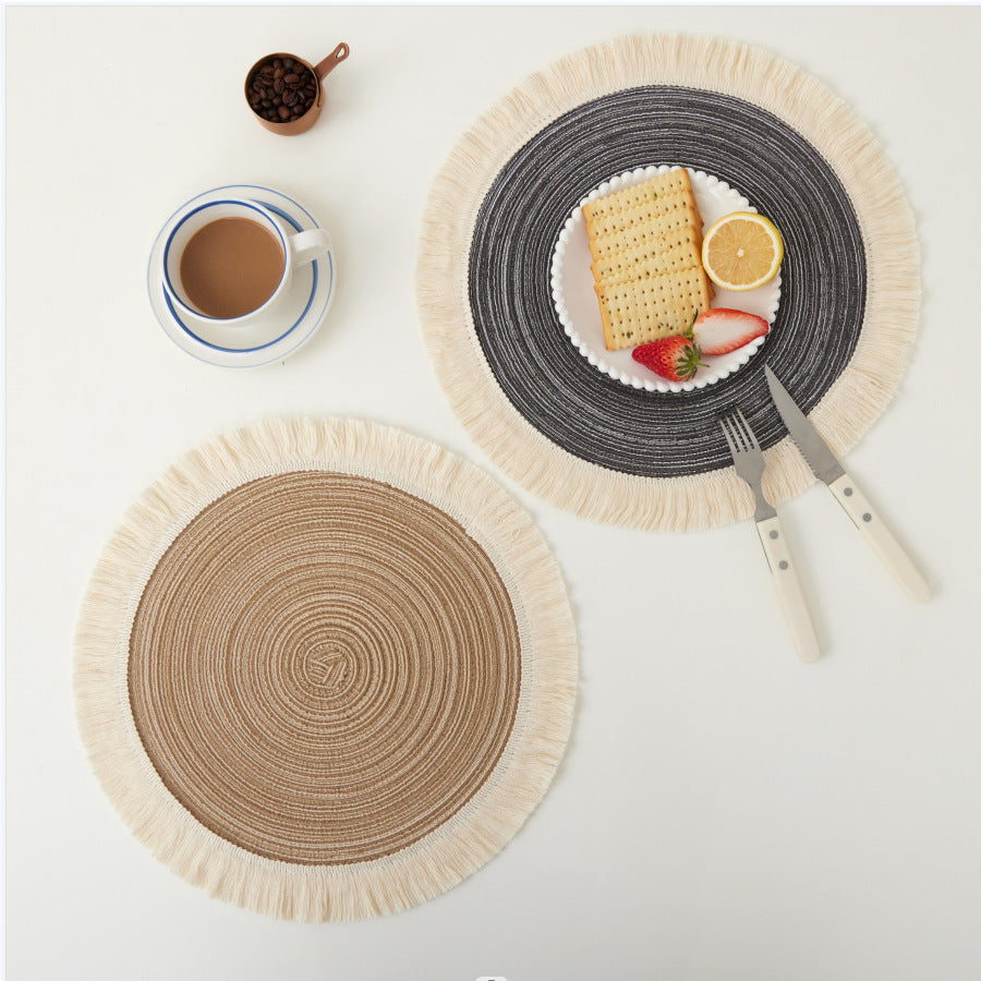 Blue Chic Round Woven Placemats with Tassel Fringe - Set of 4, Cotton Ramie Blend, Heat Resistant Table Mats - Image 4