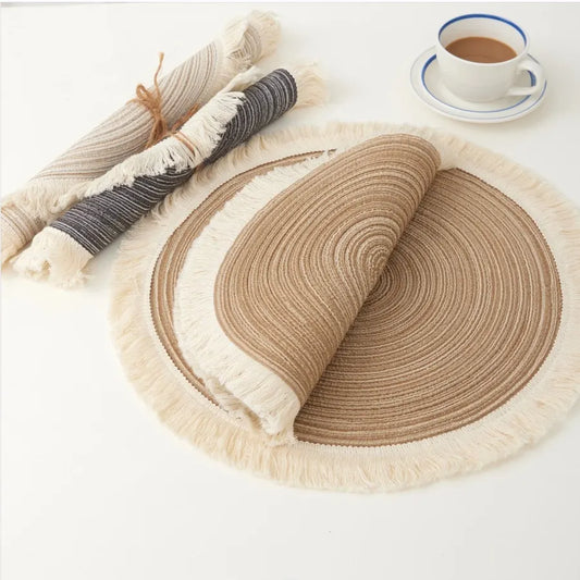Grey Chic Round Woven Placemats with Tassel Fringe - Set of 4, Cotton Ramie Blend, Heat Resistant Table Mats - Image 2