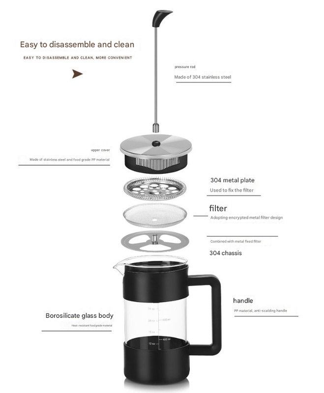 Black Classic 1000ml French Press Coffee & Tea Maker - Heat Resistant Borosilicate Glass, Stainless Steel Filter - Image 5