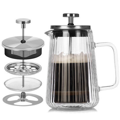 Transparent Elegant Ribbed Double Wall Glass French Press - 350ml Heat Resistant Coffee and Tea Maker with Stainless Steel Filter - Image 2