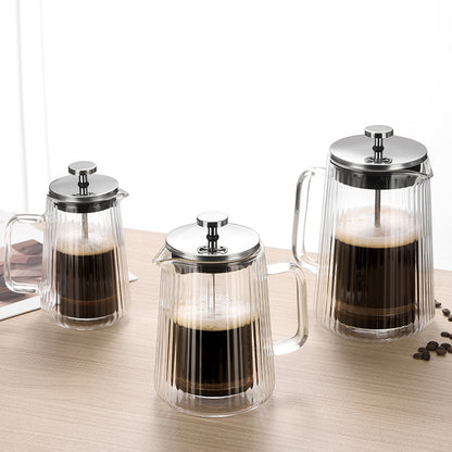 Transparent Elegant Ribbed Double Wall Glass French Press - 350ml Heat Resistant Coffee and Tea Maker with Stainless Steel Filter - Image 3