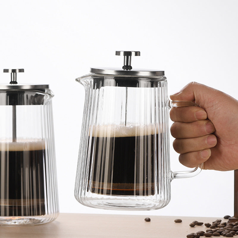 Transparent Elegant Ribbed Double Wall Glass French Press - 350ml Heat Resistant Coffee and Tea Maker with Stainless Steel Filter - Image 4