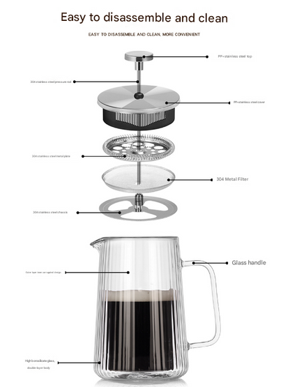 Transparent Elegant Ribbed Double Wall Glass French Press - 350ml Heat Resistant Coffee and Tea Maker with Stainless Steel Filter - Image 5