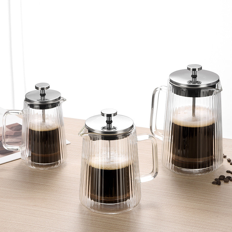 Transparent Elegant Ribbed Double Wall Glass French Press - 1000ml Heat Resistant Coffee and Tea Maker with Stainless Steel Filter - Image 3