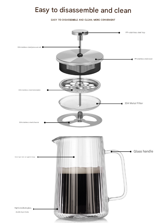 Transparent Elegant Ribbed Double Wall Glass French Press - 1000ml Heat Resistant Coffee and Tea Maker with Stainless Steel Filter - Image 5