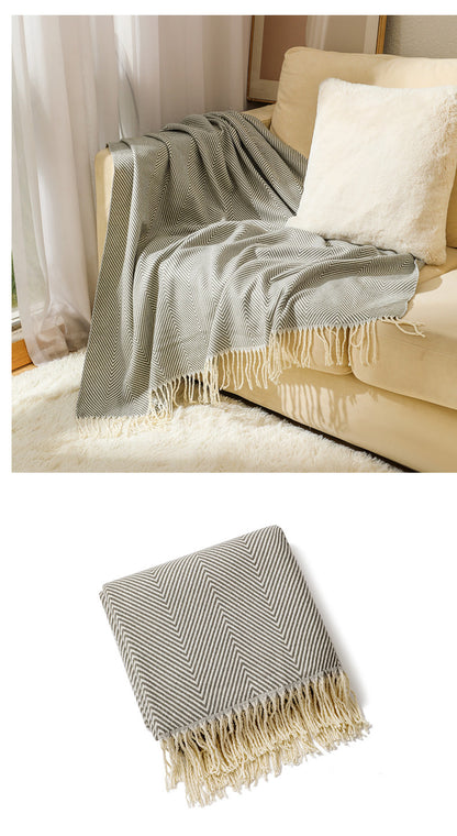 Grey Elegant Herringbone Tassel Throw Blanket - Large Acrylic Faux Cashmere Soft Cozy Blanket for Sofa, Bed & Decor (130x240cm) - Image 5