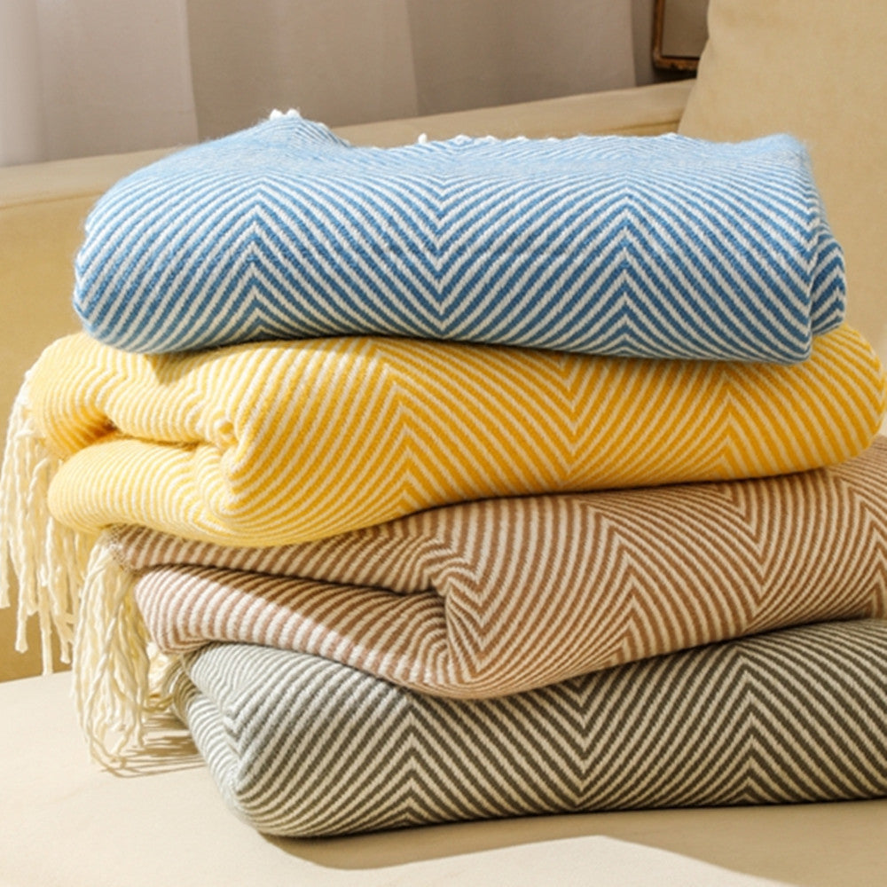 Blue Elegant Herringbone Tassel Throw Blanket - Large Acrylic Faux Cashmere Soft Cozy Blanket for Sofa, Bed & Decor (130x240cm) - Image 2